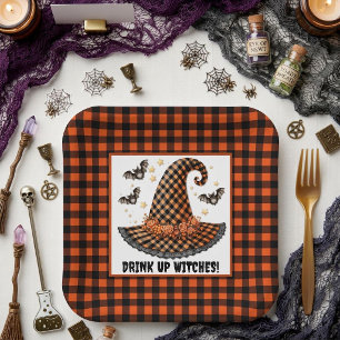 Oranje & Zwarte Gingham Halloween Heksenhoed & Vle Papieren Bordje