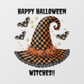 Oranje & Zwarte Gingham Halloween Heksenhoed & Vle Raamsticker (Vel)