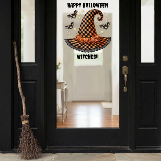 Oranje & Zwarte Gingham Halloween Heksenhoed & Vle Raamsticker