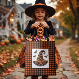 Oranje & Zwarte Gingham Halloween Heksenhoed & Vle Tote Bag
