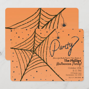 Oranje & Zwarte Glitter Spinnenweb Halloween Feest Kaart