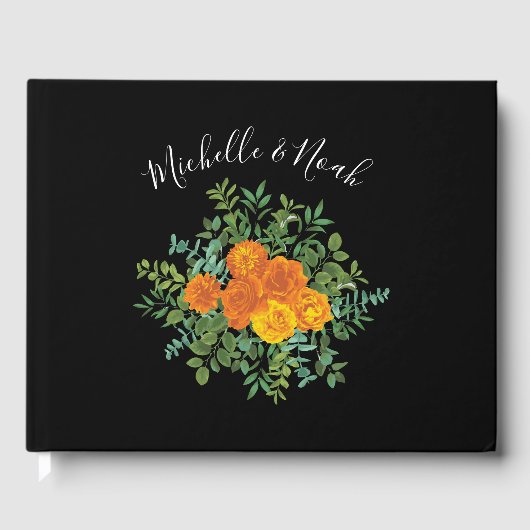 Oranje & Zwarte Gotische Pioen & Roos Bloemige Bru Gastenboek (Voorkant)