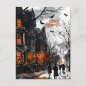 Oranje zwarte griezelige Waterverf Happy Halloween Feestdagenkaart (Voorkant)