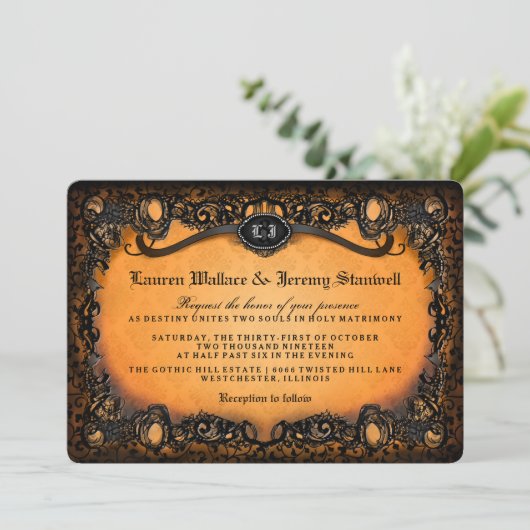 Oranje zwarte Halloween bruiloft met RECEPTIE INFO Kaart (Staand voorkant)