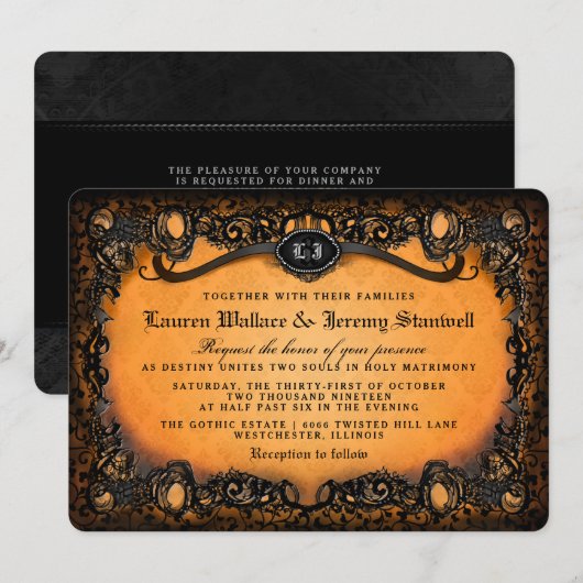 Oranje zwarte Halloween bruiloft-recEPTIE op BACK Kaart (Voorkant / Achterkant)
