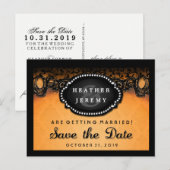 Oranje & Zwarte Kant Halloween Save Date Briefkaar Aankondigingskaart (Voorkant / Achterkant)