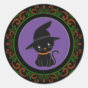 Oranje zwarte kat met heks Pet Halloween Ronde Sticker