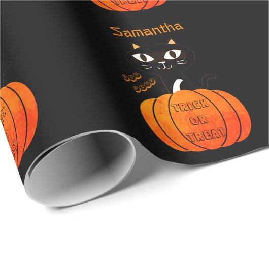 Oranje Zwarte Kat Spooky Trick or treat Halloween Cadeaupapier (Rol Hoek)