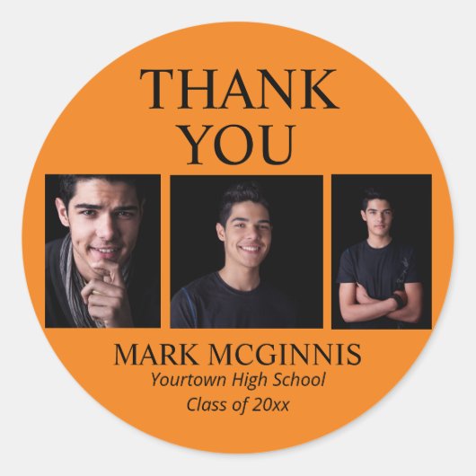 Oranje Zwarte Klasse 2025 Afstuderen Foto Ronde Sticker (Voorkant)