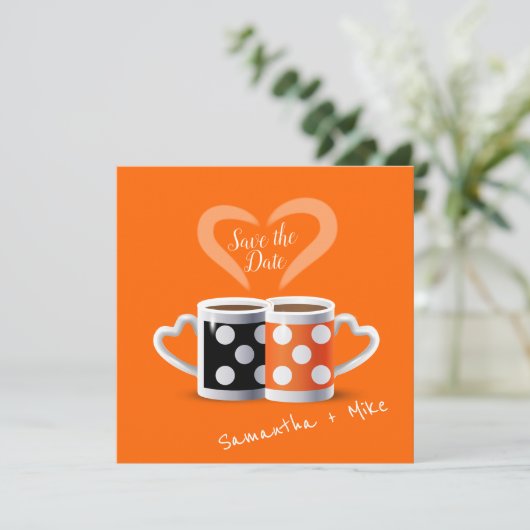 Oranje + zwarte Koffiekleur Koffiekleurendruk POP Save The Date (Staand voorkant)