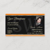 Oranje zwarte peach strips met monogram en foto visitekaartje (Achterkant)