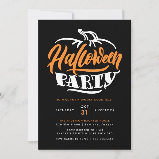 Oranje & Zwarte Pompoen Typografie Halloween Party Kaart (Voorkant)