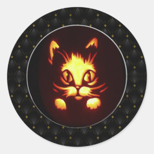 Oranje zwarte rand gegolfde halloween kat ronde sticker