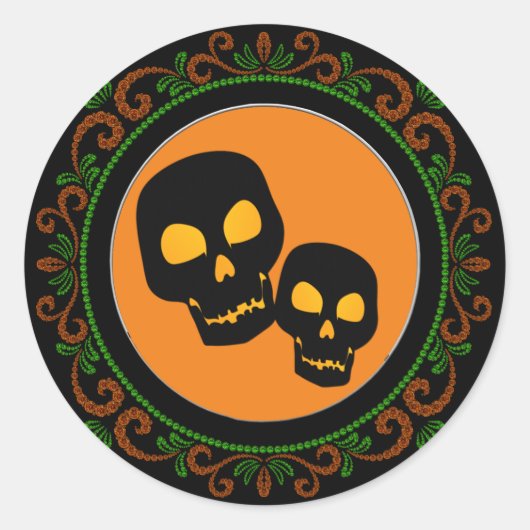 Oranje zwarte Skulls Halloween Ronde Sticker (Voorkant)