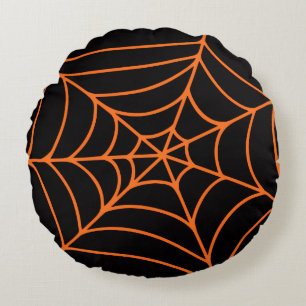 Oranje Zwarte Spinnenweb Print Spooky Halloween Rond Kussen