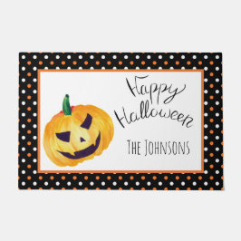Oranje Zwarte stippen Pompoen Naam Happy Halloween Deurmat