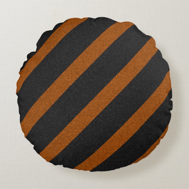 Oranje & Zwarte Strepen Glitter Rond Kussen (Voorkant)