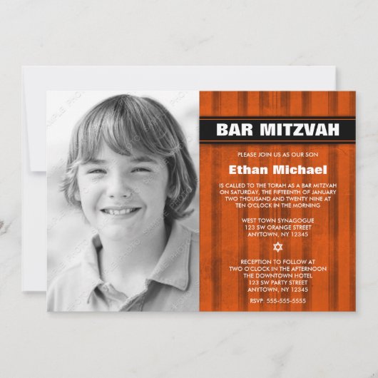 Oranje zwarte stripes Fotobar Mitzvah-uitnodiginge Kaart (Voorkant)