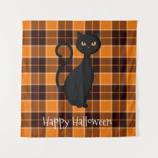 Oranje zwarte tonartan Pset Black Cat Halloween Wandkleed (Voorkant)