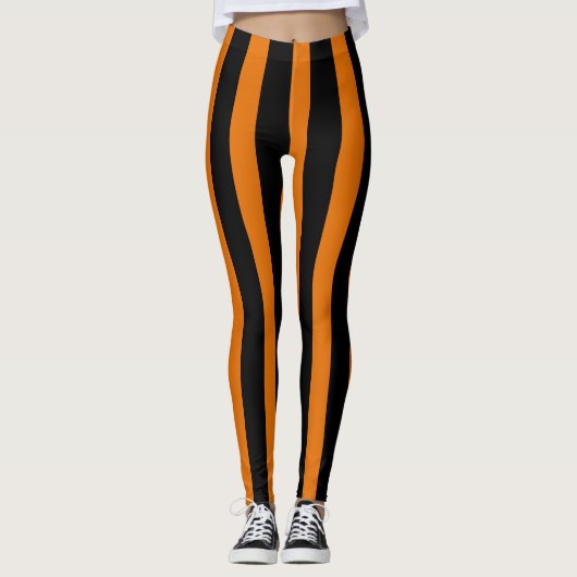Oranje zwarte verticale streep Halloween kostuum Leggings (Voorkant)