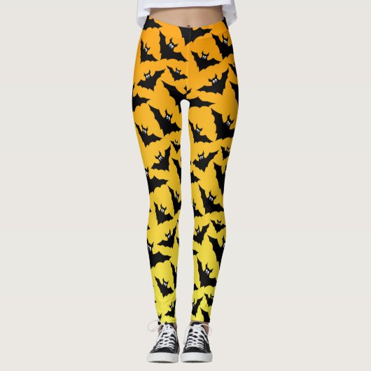 Oranje zwarte vleermuizen Halloween patroon Leggings (Voorkant)
