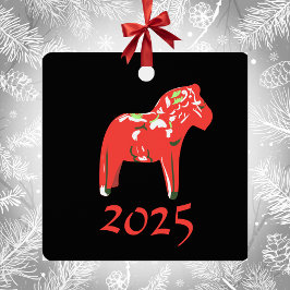  Oranje Zweeds Dala Horse op Black Metalen Ornament
