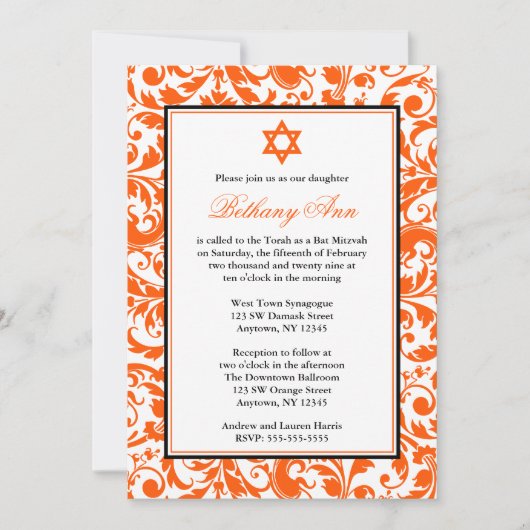 Oranje Zwirl Damask Bat Mitzvah Invitaties Kaart (Voorkant)