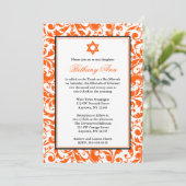 Oranje Zwirl Damask Bat Mitzvah Invitaties Kaart (Staand voorkant)
