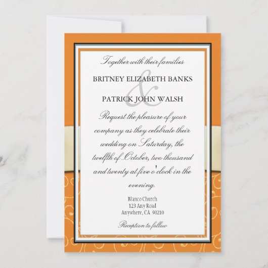 Oranje zwitserse en ivoren ribbon bruiloft kaart (Achterkant)