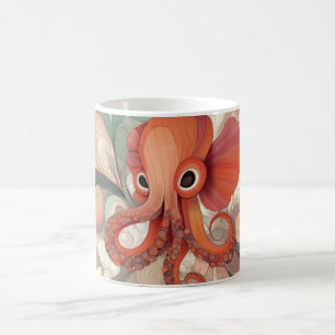 oranjeachtige octopus met grote ogen en kronkelend koffiemok