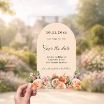 Oranjeroze bloemboog trouwkaart Save the Date