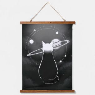 Orbiting Cosmic Cat Wandkunst — Minimalistisch Hangend Wandkleed