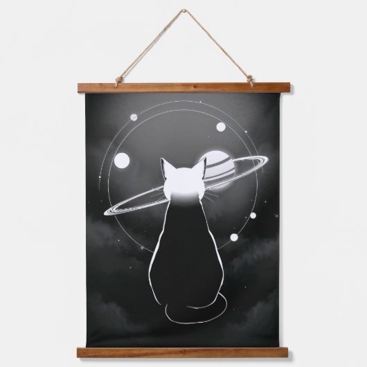 Orbiting Cosmic Cat Wandkunst — Minimalistisch Hangend Wandkleed (Voorkant)