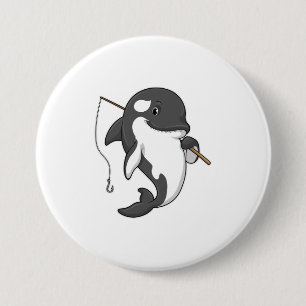 Orca als Fisher met Geviste staaf Ronde Button 7,6 Cm