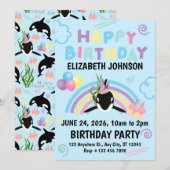 Orca Birthday Invitation in Blue Kaart (Voorkant / Achterkant)