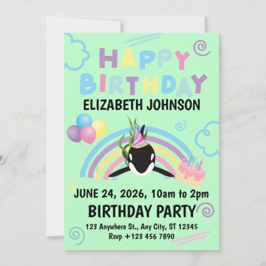 Orca Birthday Invitation in Green Kaart (Voorkant)