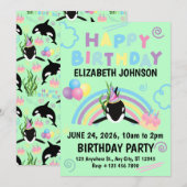 Orca Birthday Invitation in Green Kaart (Voorkant / Achterkant)