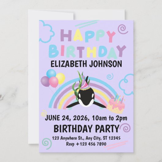 Orca Birthday Invitation in Purple Kaart (Voorkant)