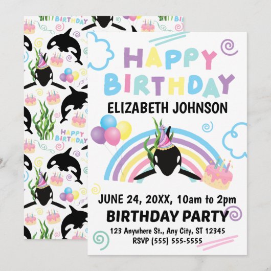 Orca Birthday Invitation in White Kaart (Voorkant / Achterkant)