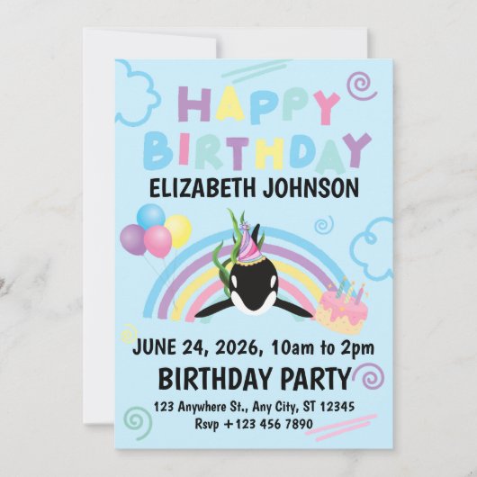 Orca Birthday Party Invitation in Blue Kaart (Voorkant)