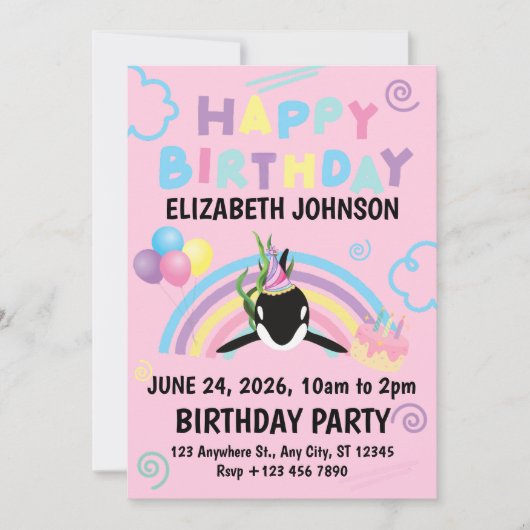 Orca Birthday Party Invitation in Pink Kaart (Voorkant)