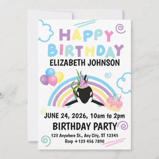 Orca Birthday Party Invitation in White Kaart (Voorkant)