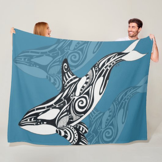 Orca Killer Whale Tlingit Indigo Blue ink Fleece Deken (In situ)