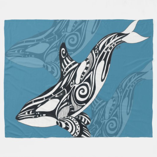 Orca Killer Whale Tlingit Indigo Blue ink Fleece Deken (Voorkant (Horizontaal))