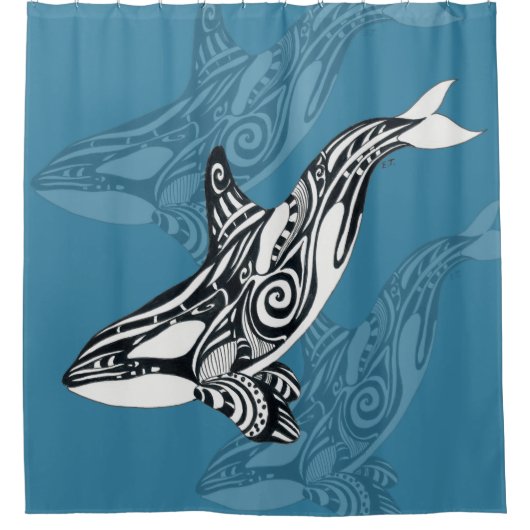 Orca Killer Whale Tlingit Indigo Blue inkt Douchegordijn (Voorkant)