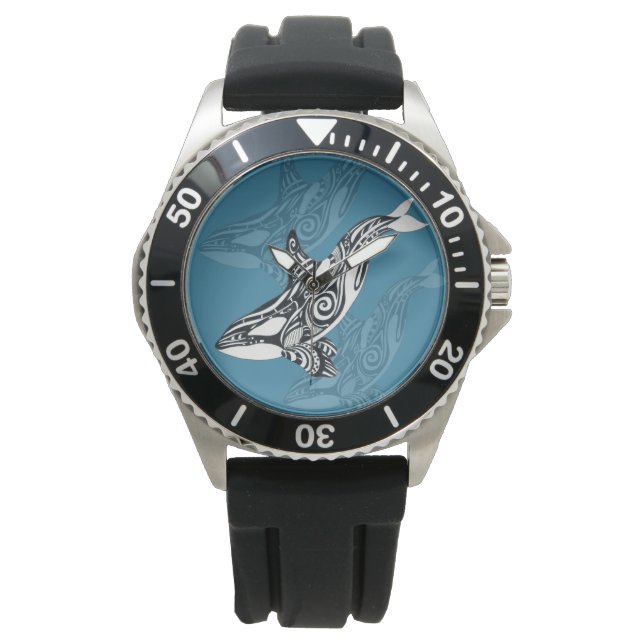 Orca Killer Whale Tlingit Indigo Blue inkt Horloge (Voorkant)