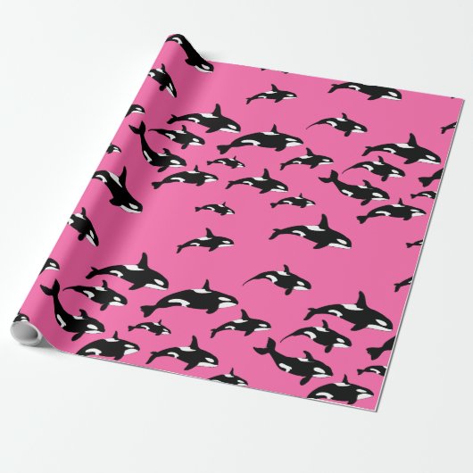 Orca Killer Whales Swimming Pattern op Roze Cadeaupapier (Uitgerold)