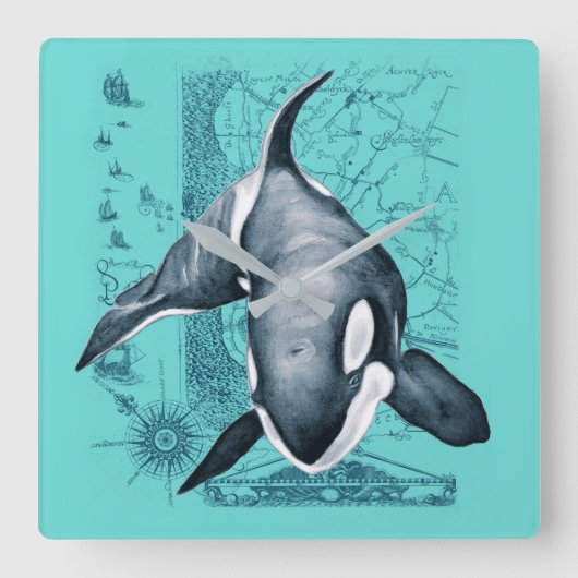 Orca Map Blauwgroen Vierkante Klok (Voorkant)