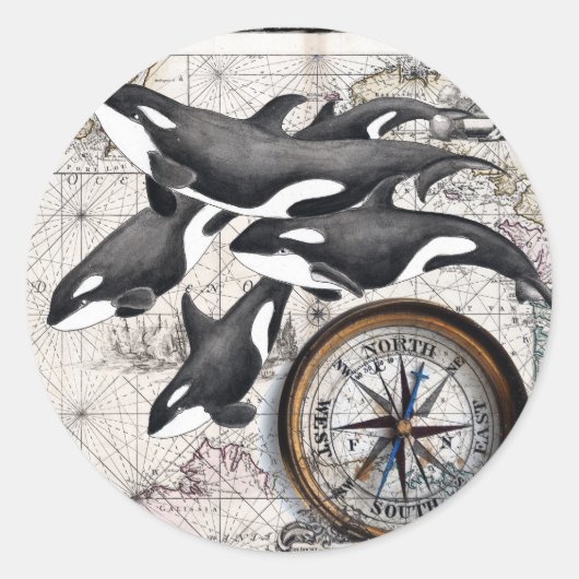 Orca Nautical Compass Ronde Sticker (Voorkant)
