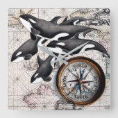 Orca Nautical Compass Vierkante Klok (Voorkant)